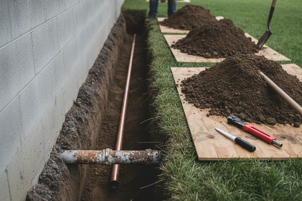 Excavated water line trench during Sewer Line Repair in The Plains
